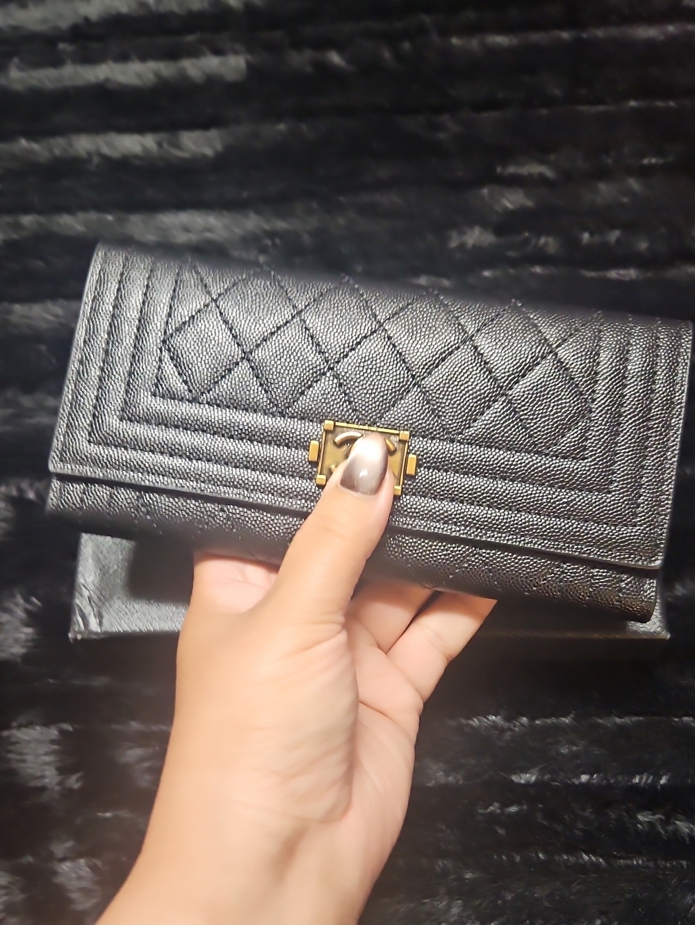 Black Quilted Leather Long Wallet with Gold Hardware